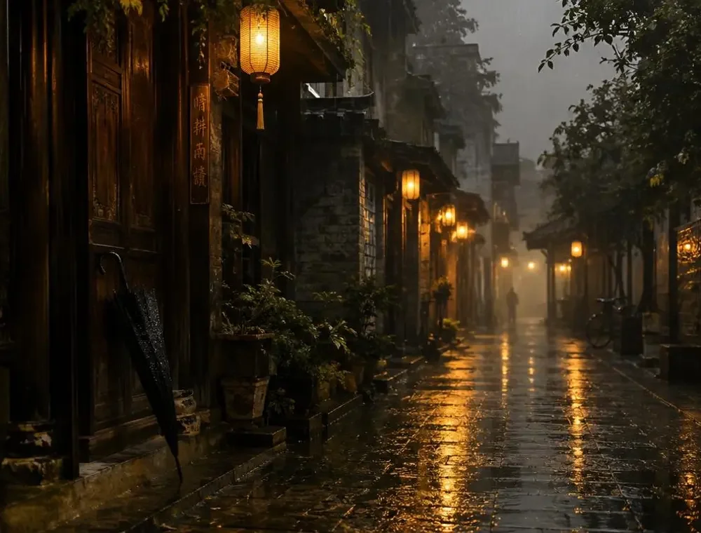 91短剧入口取景地 雨巷实景:湿砖墙与暗黄灯光下的黑色旧伞